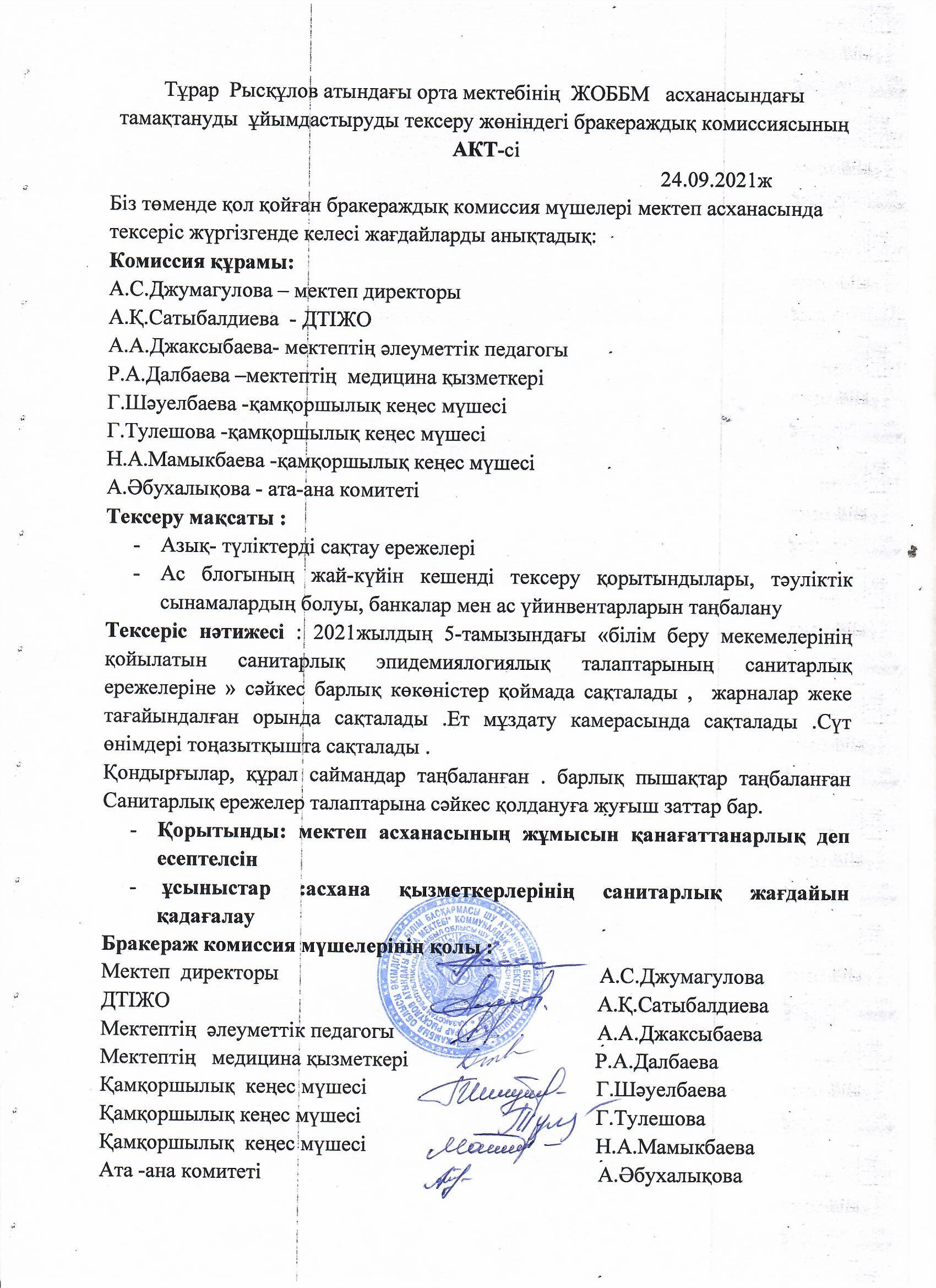 Асханадағы тамақтануды ұйымдастыруды тексеру комиссиясы